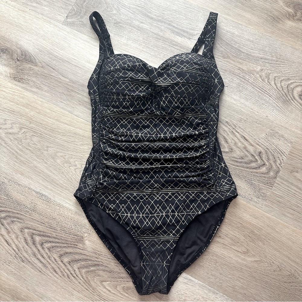 Niptuck Swim Black and Gold Geometric Pattern One Piece Swimsuit size 8